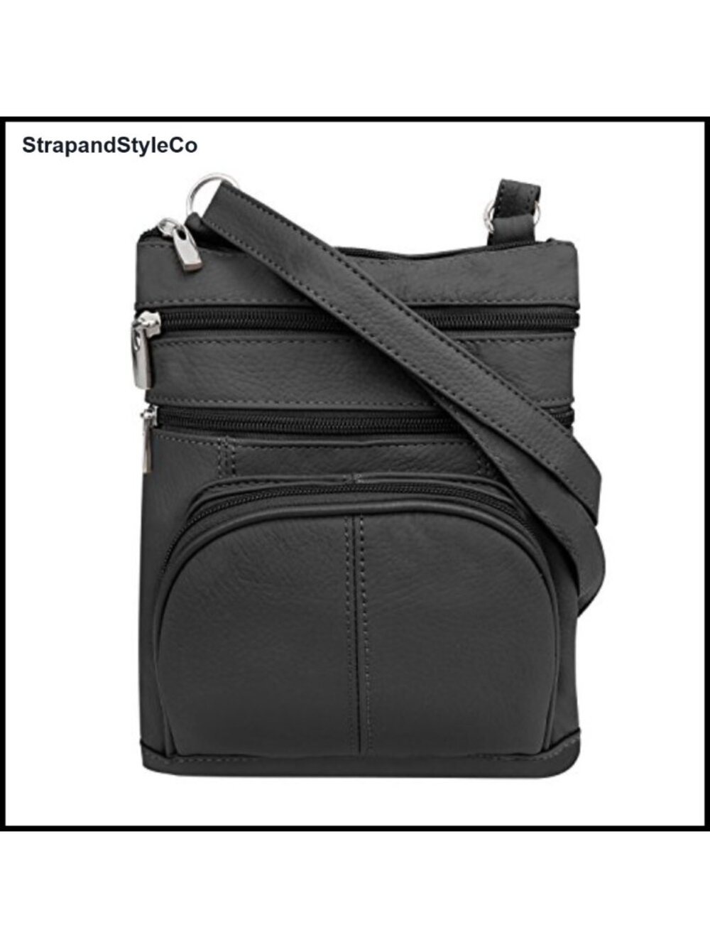 Cowhide Leather Crossbody Purse with 3 Front Zippered Pockets